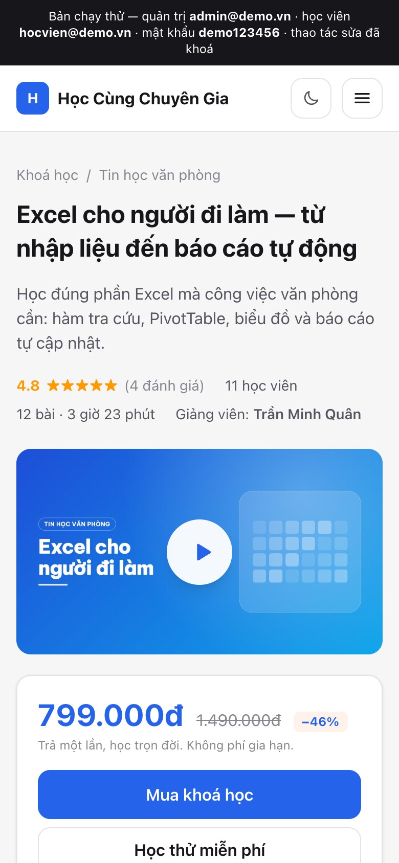 Trang khoá học trên điện thoại