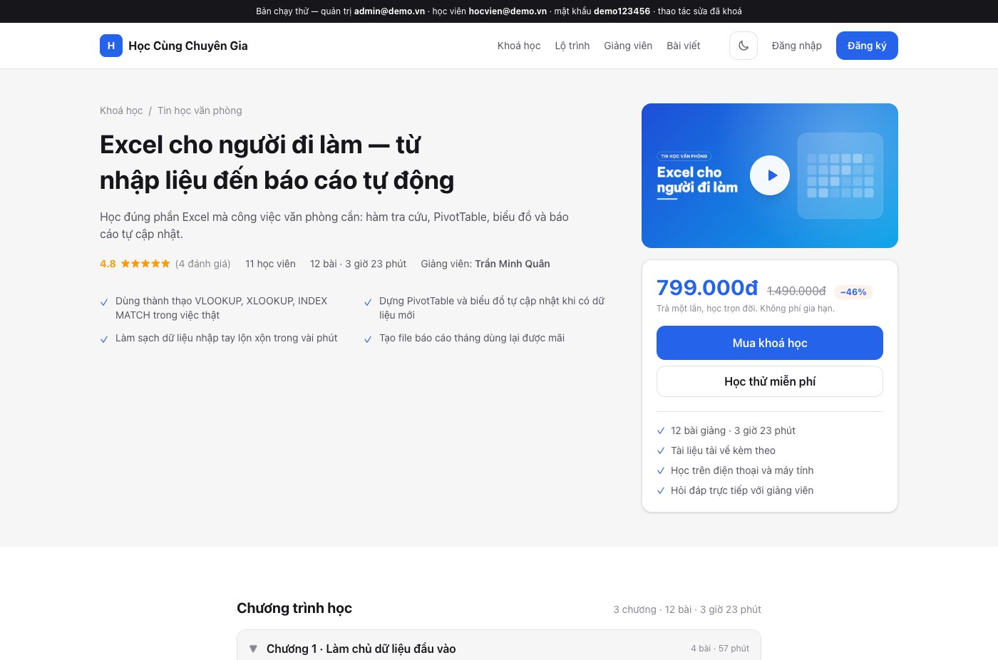 Phần khách chưa mua thấy: chương trình học, thời lượng, giá và nút mua (ảnh chụp bản chạy thử của mẫu bên mình)